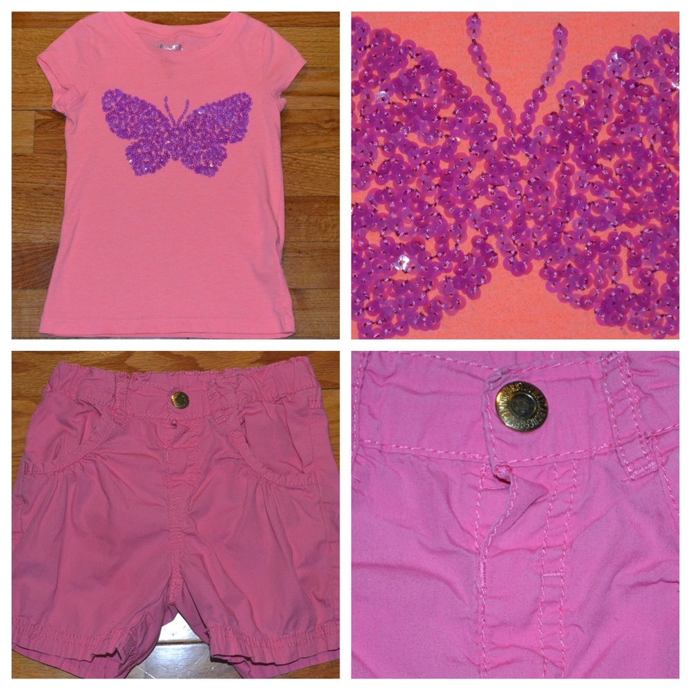 Youth girls H&M shorts & Cherokee short-sleeve sequin butterfly tee, size 4-5Y